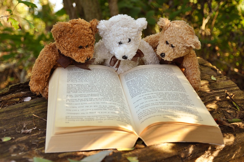 本を読んでいる３匹の熊のぬいぐるみ